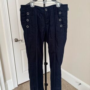 CAbi Navy Blue Capri style Linen pants with Button Detail.